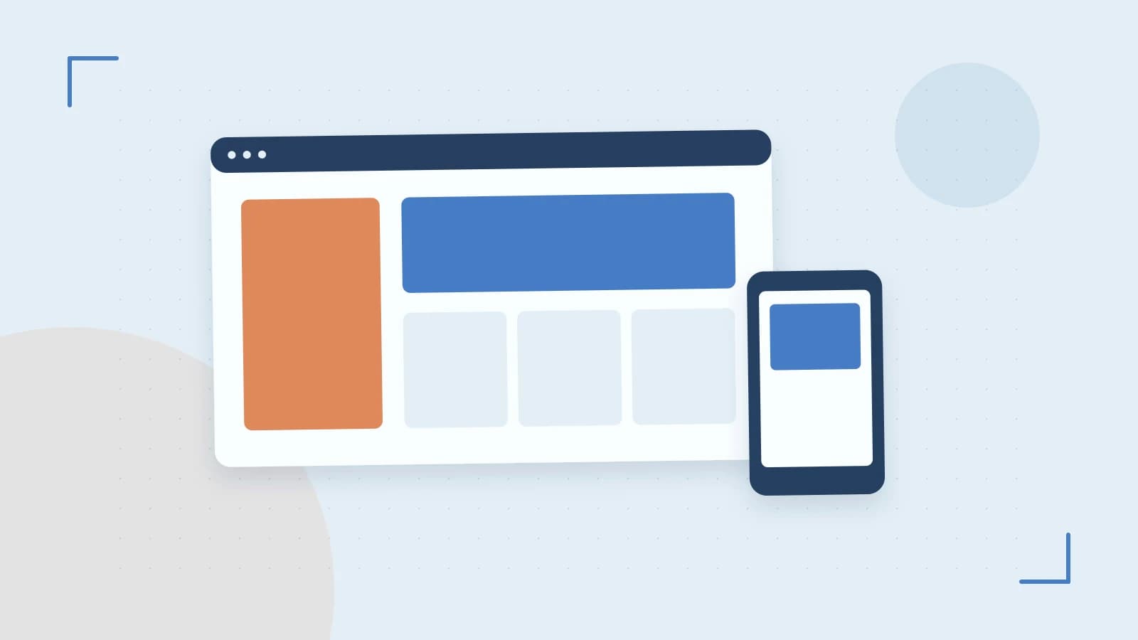 Editorial illustration of responsive browser layouts, overlapping design components and a color system