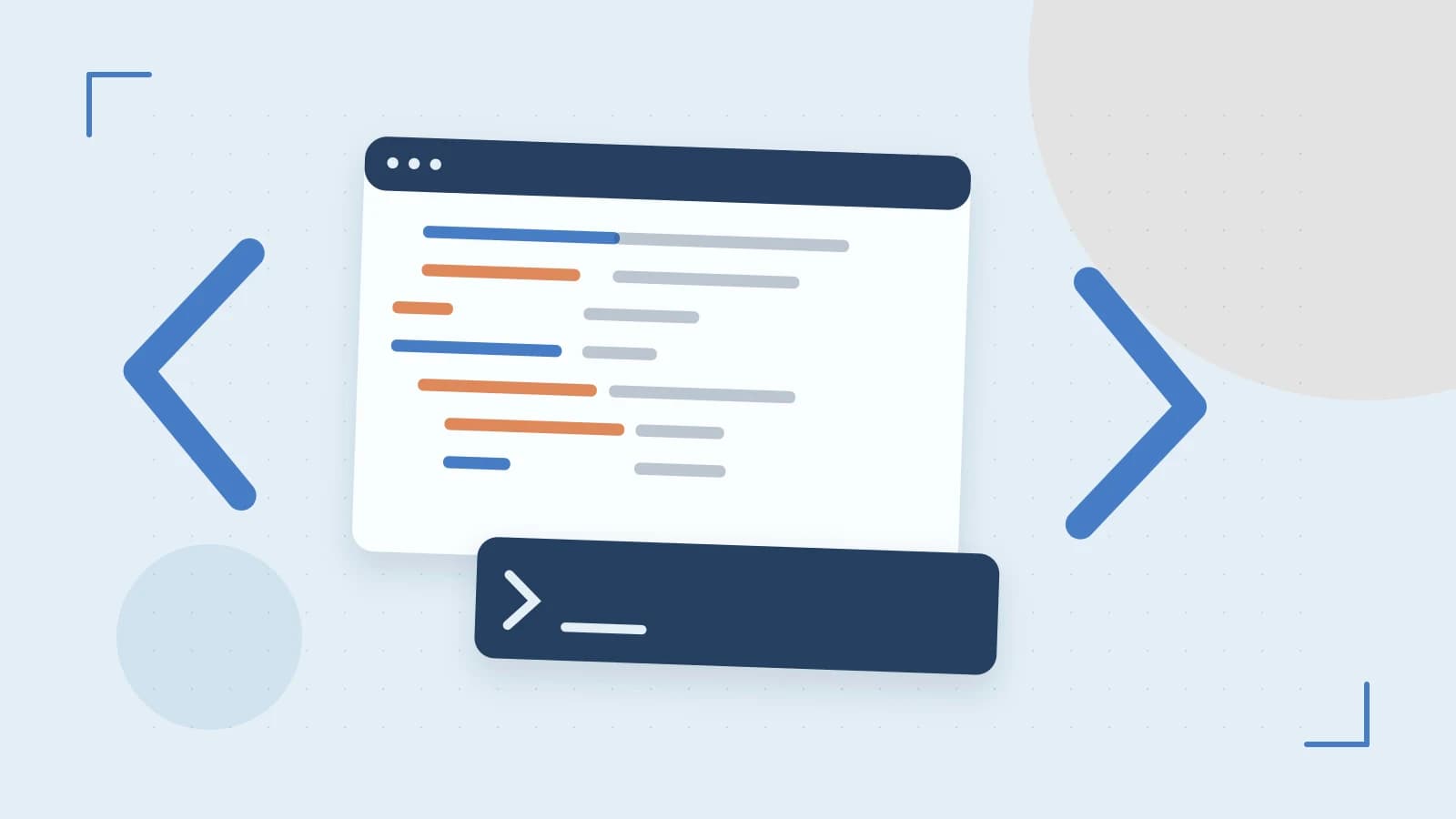 Editorial illustration of an abstract code editor, syntax blocks and oversized programming brackets