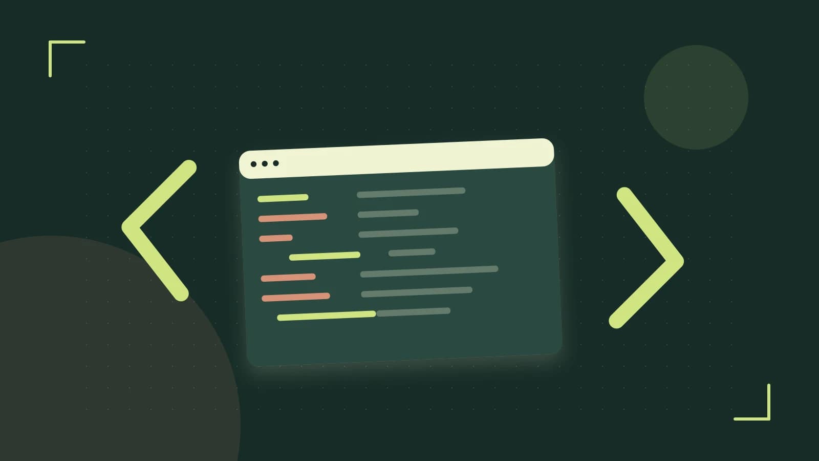 Editorial illustration of an abstract code editor, syntax blocks and oversized programming brackets