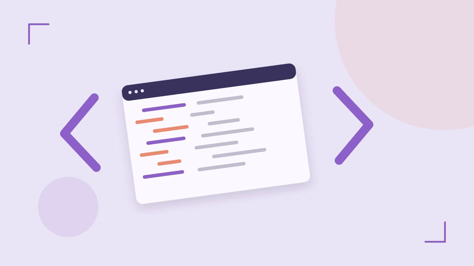Editorial illustration of an abstract code editor, syntax blocks and oversized programming brackets
