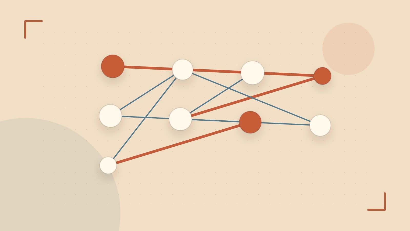 Editorial illustration of an algorithmic node graph with branching paths and a highlighted result