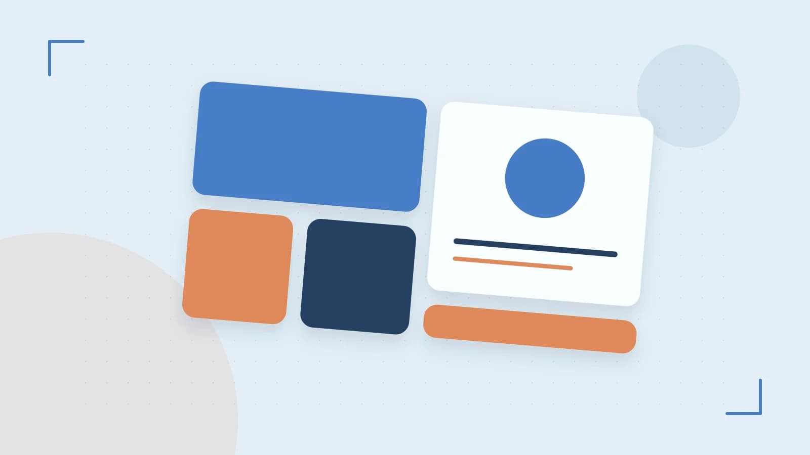 Editorial illustration of responsive browser layouts, overlapping design components and a color system