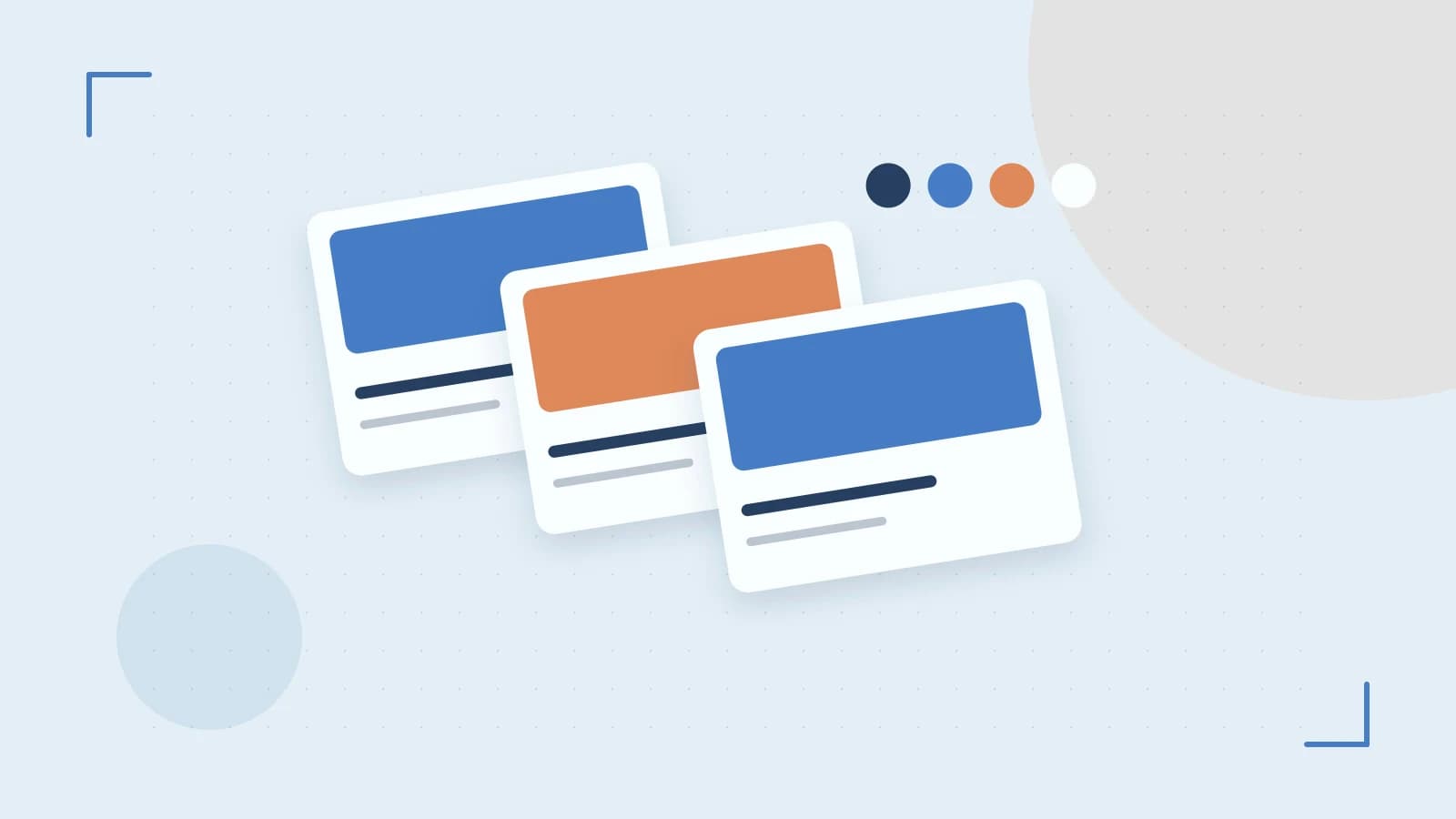 Editorial illustration of responsive browser layouts, overlapping design components and a color system