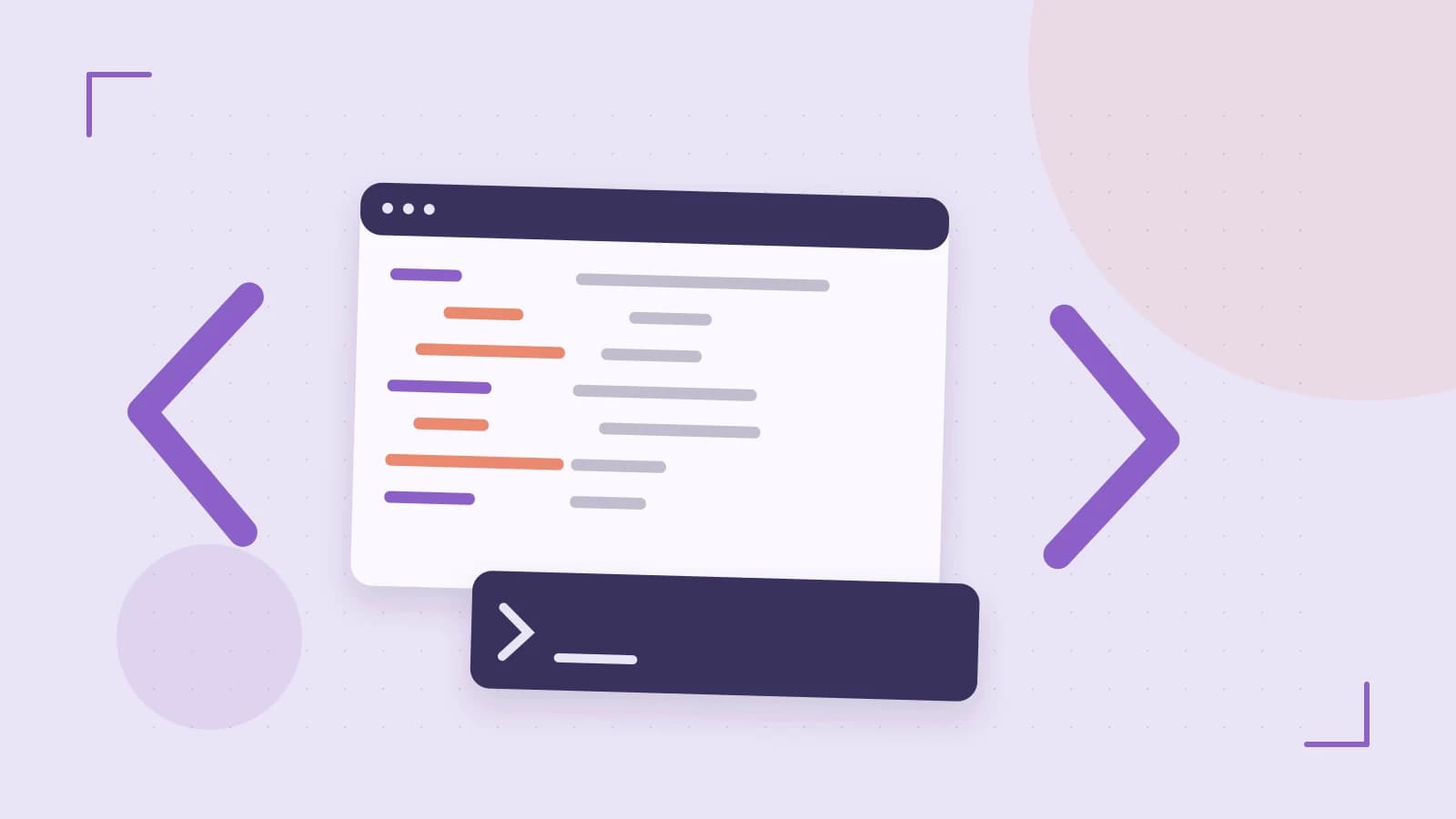 Editorial illustration of an abstract code editor, syntax blocks and oversized programming brackets