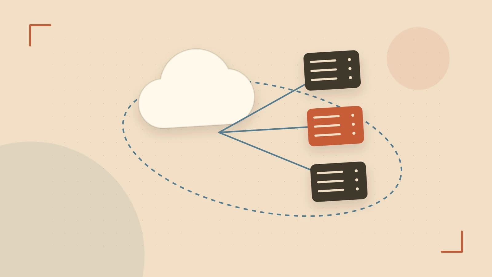 Editorial illustration of cloud infrastructure, connected server racks and an orbital service map