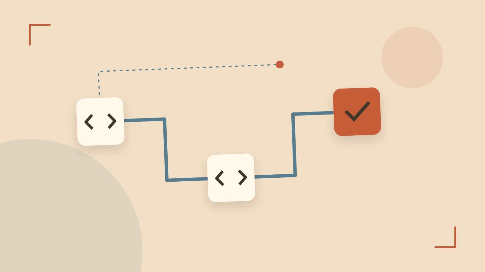 Editorial illustration of a branching build pipeline, staged transformations and a completed check