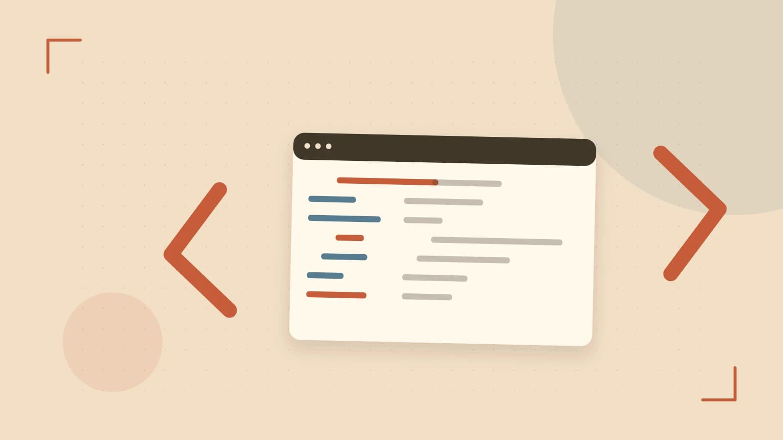 Editorial illustration of an abstract code editor, syntax blocks and oversized programming brackets