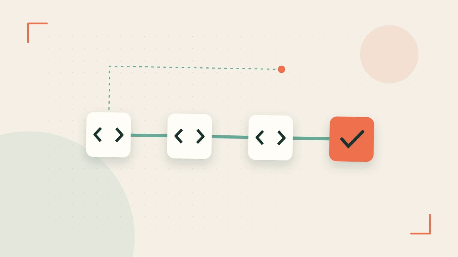 Editorial illustration of a branching build pipeline, staged transformations and a completed check