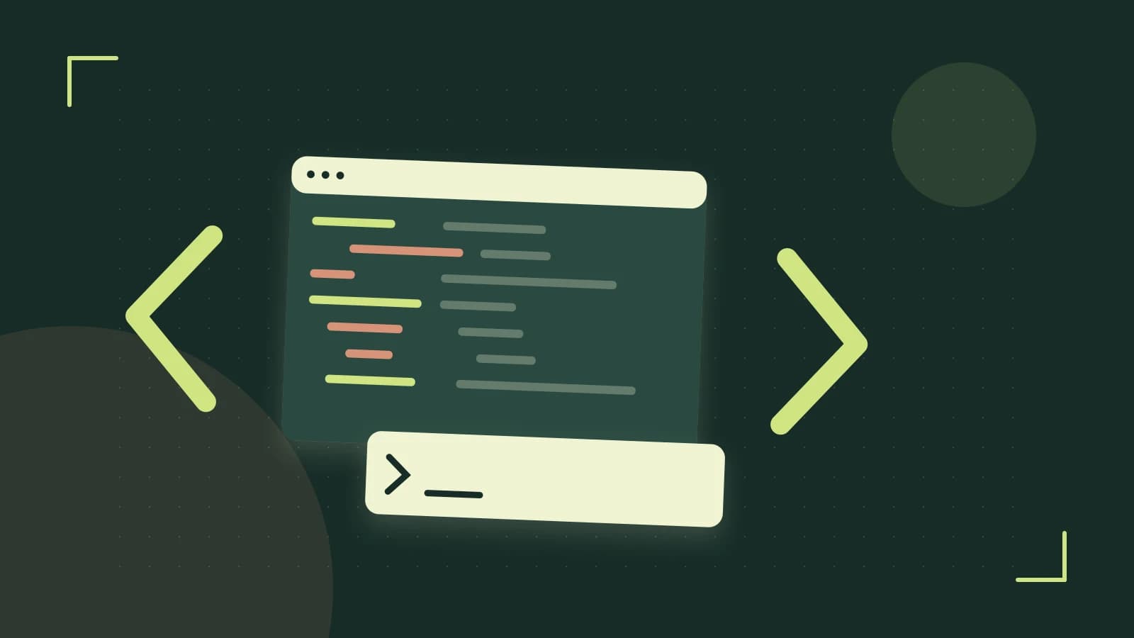 Editorial illustration of an abstract code editor, syntax blocks and oversized programming brackets