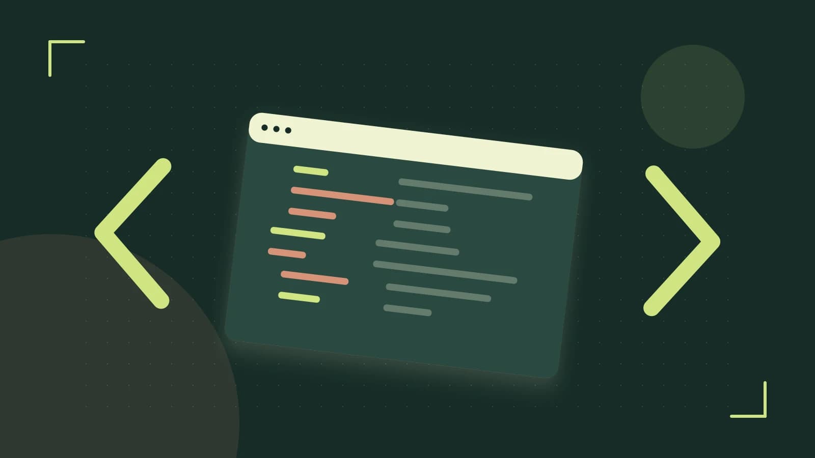Editorial illustration of an abstract code editor, syntax blocks and oversized programming brackets