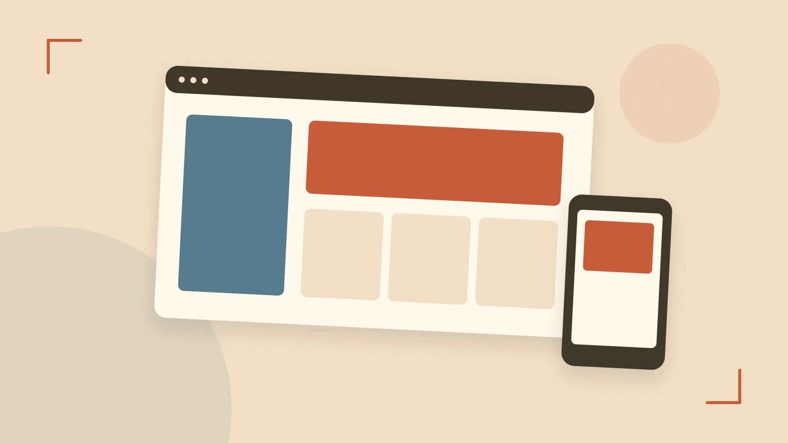 Editorial illustration of responsive browser layouts, overlapping design components and a color system