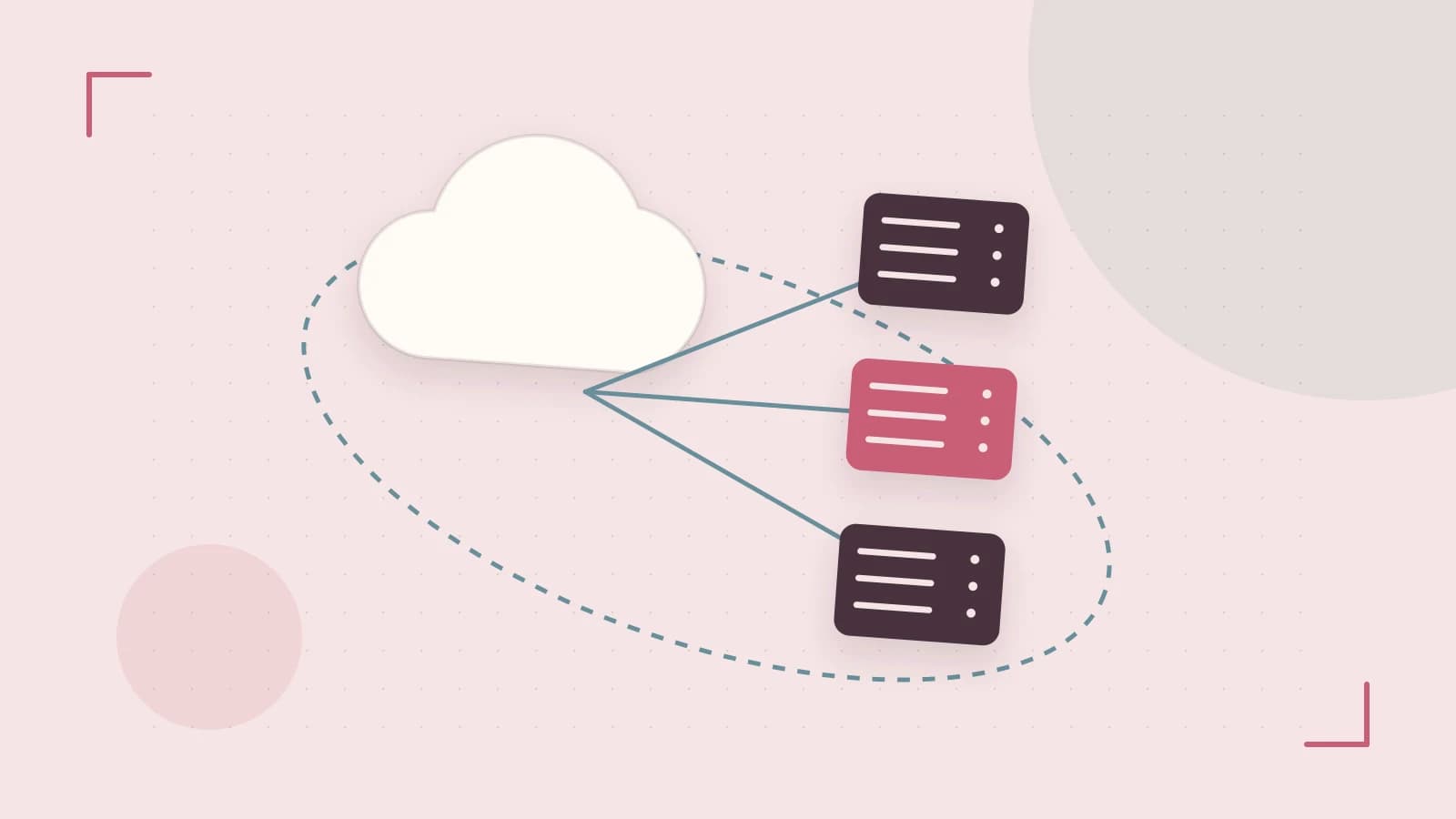Editorial illustration of cloud infrastructure, connected server racks and an orbital service map