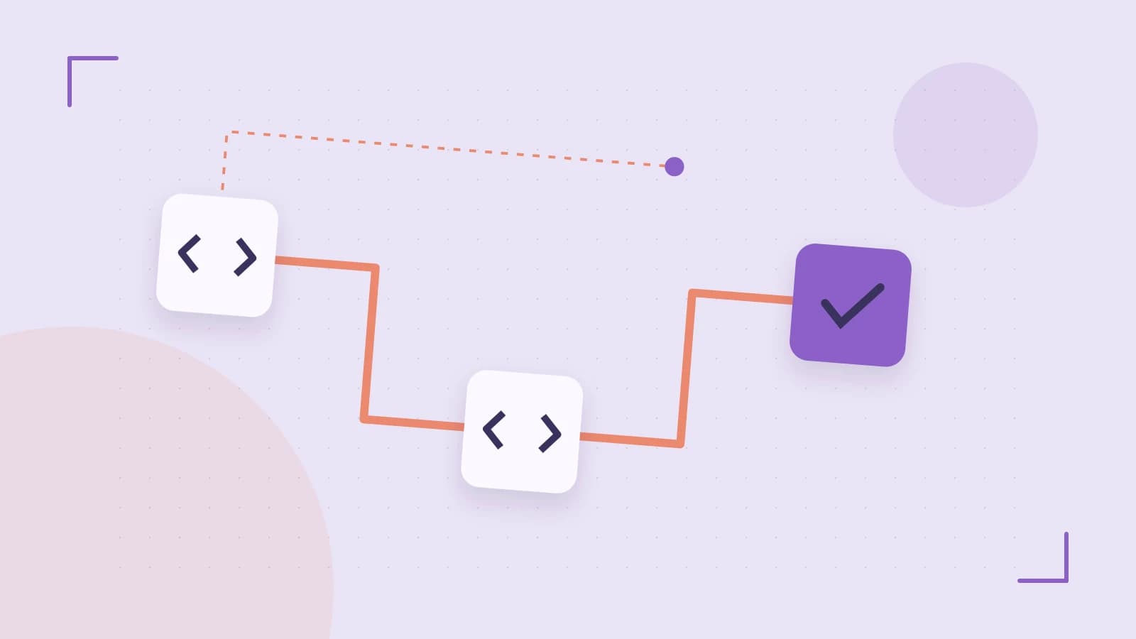 Editorial illustration of a branching build pipeline, staged transformations and a completed check