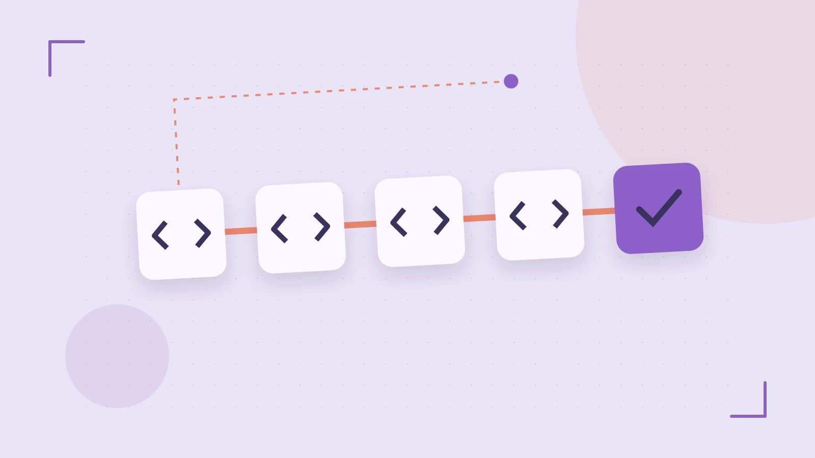 Editorial illustration of a branching build pipeline, staged transformations and a completed check