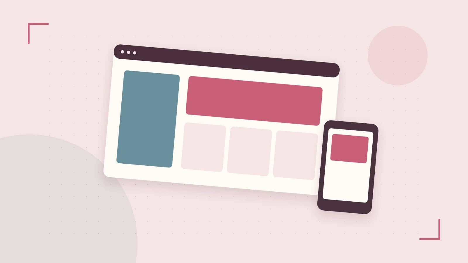 Editorial illustration of responsive browser layouts, overlapping design components and a color system