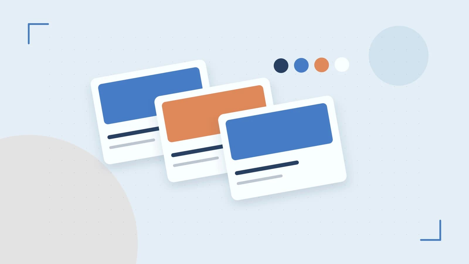 Editorial illustration of responsive browser layouts, overlapping design components and a color system