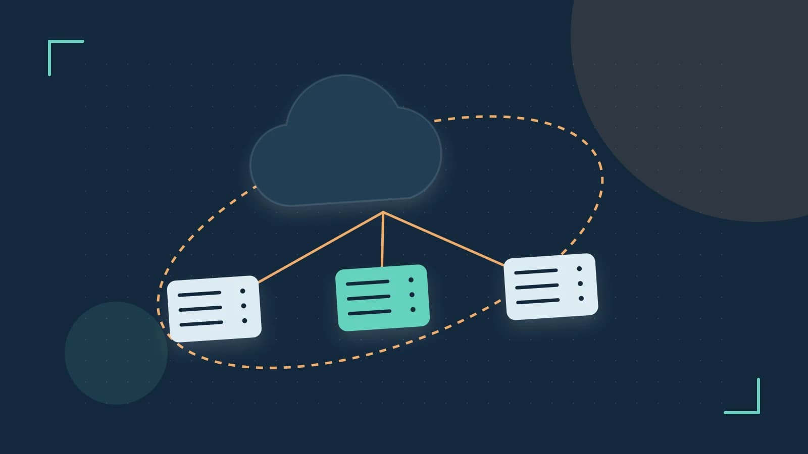 Editorial illustration of cloud infrastructure, connected server racks and an orbital service map
