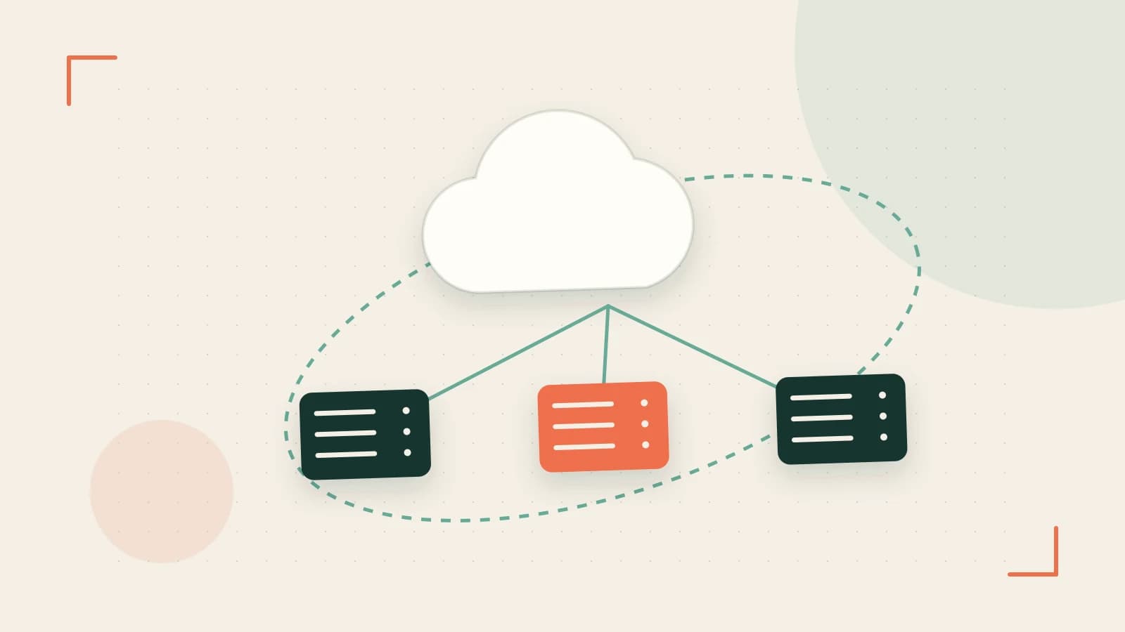 Editorial illustration of cloud infrastructure, connected server racks and an orbital service map