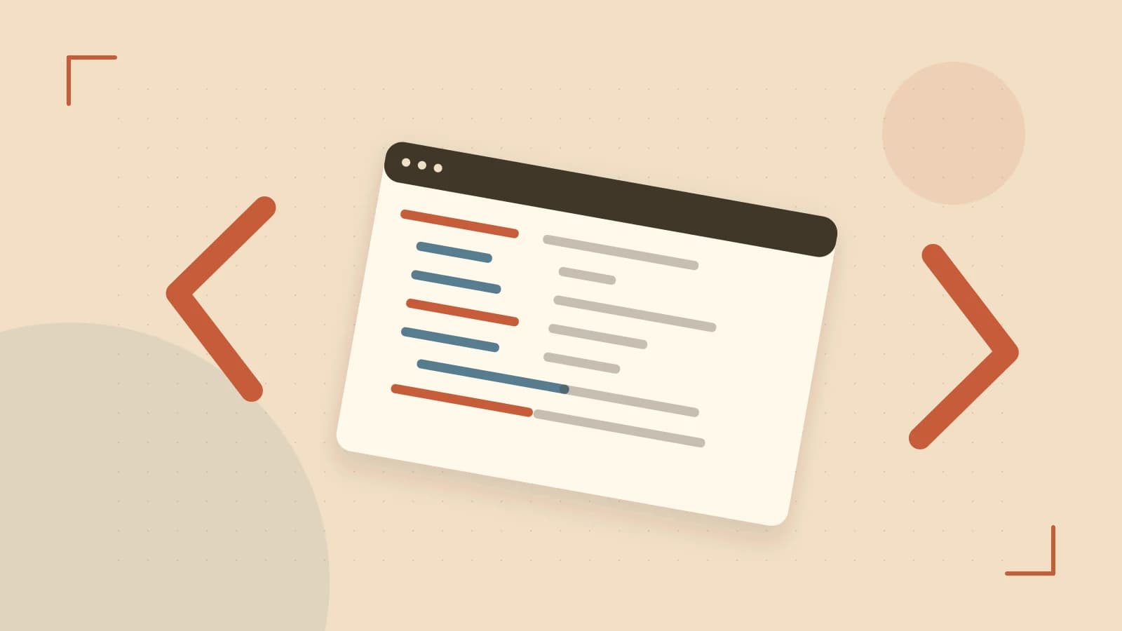 Editorial illustration of an abstract code editor, syntax blocks and oversized programming brackets