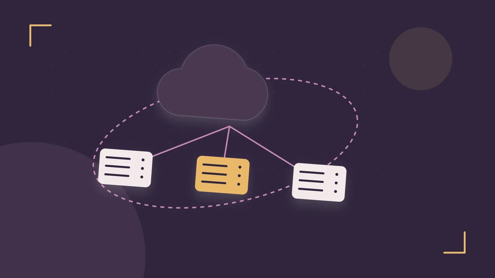 Editorial illustration of cloud infrastructure, connected server racks and an orbital service map