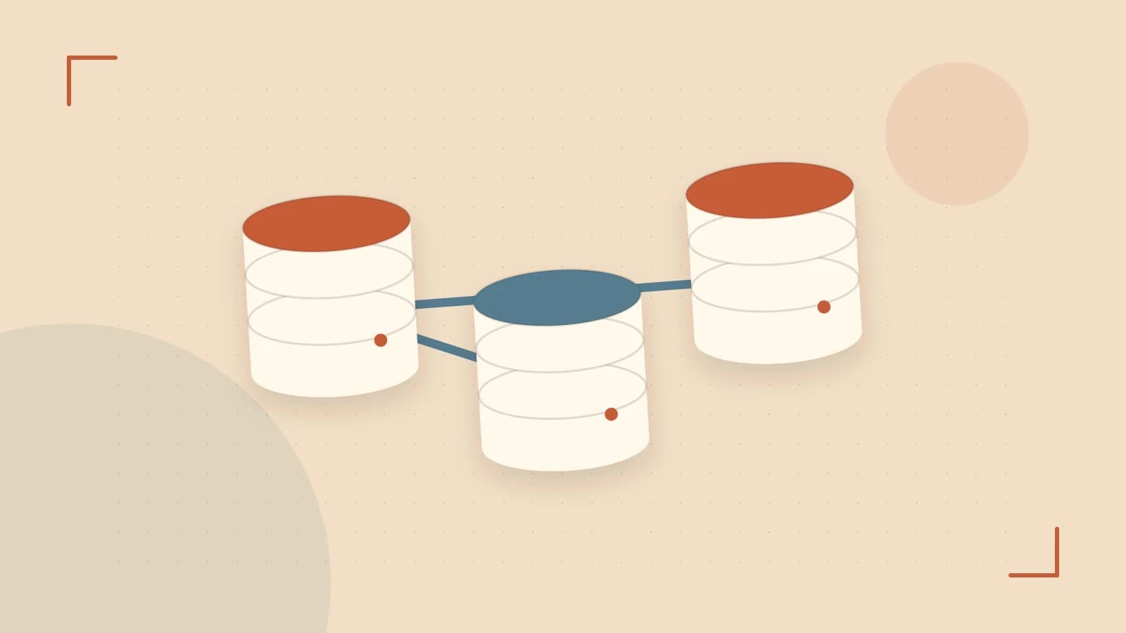 Editorial illustration of structured records, database cylinders and relationships between tables