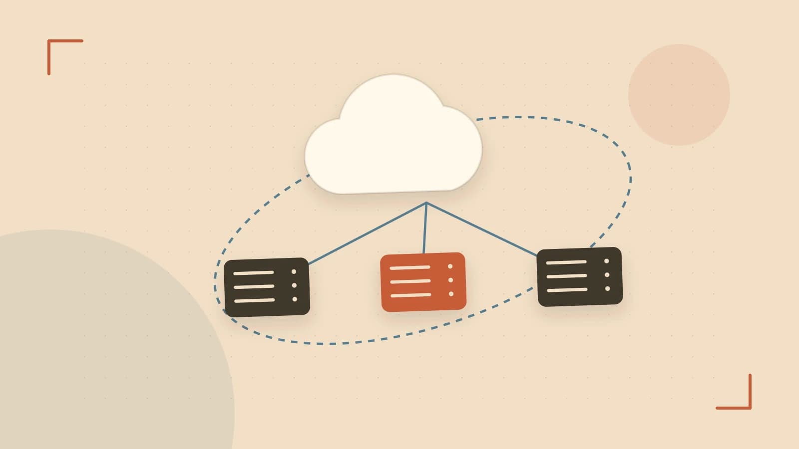 Editorial illustration of cloud infrastructure, connected server racks and an orbital service map