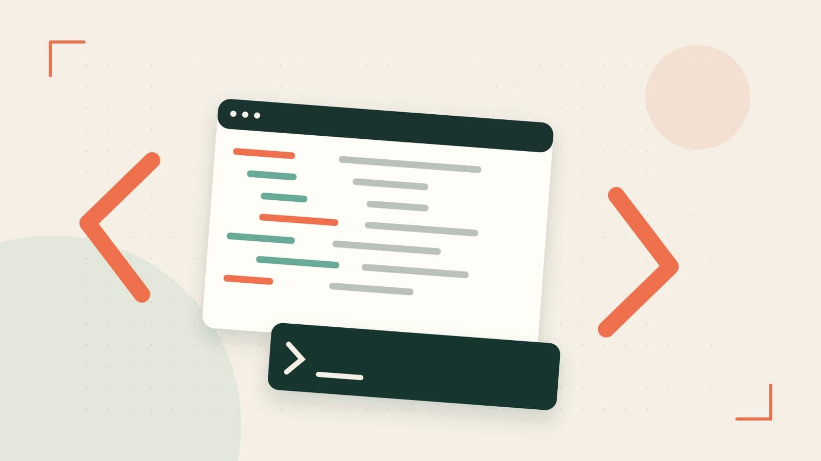 Editorial illustration of an abstract code editor, syntax blocks and oversized programming brackets