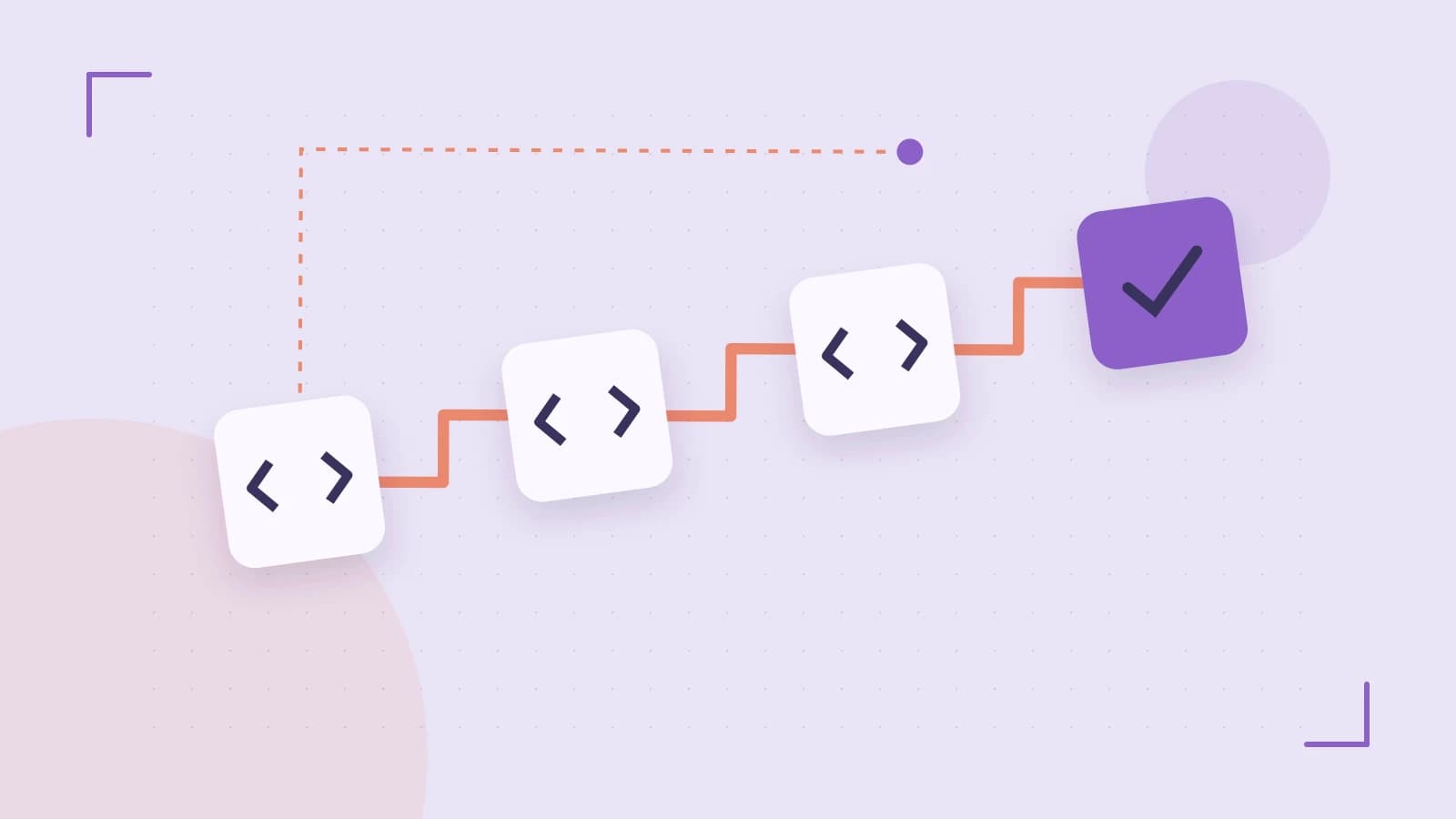 Editorial illustration of a branching build pipeline, staged transformations and a completed check