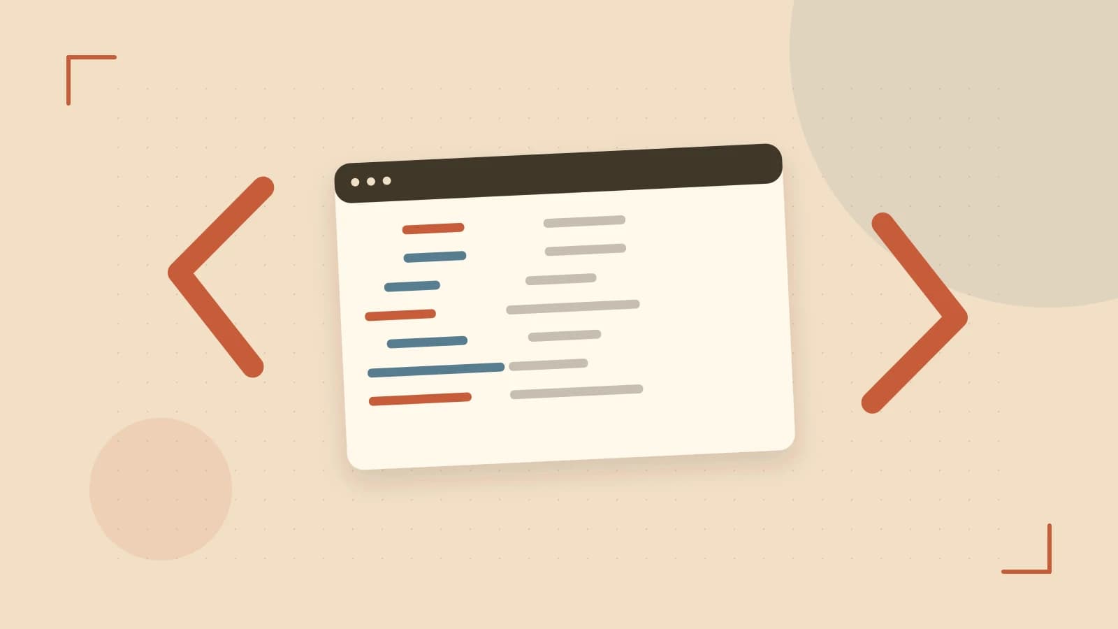 Editorial illustration of an abstract code editor, syntax blocks and oversized programming brackets