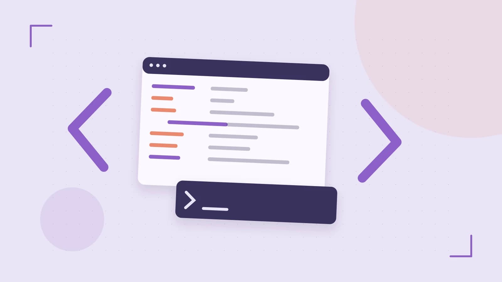 Editorial illustration of an abstract code editor, syntax blocks and oversized programming brackets
