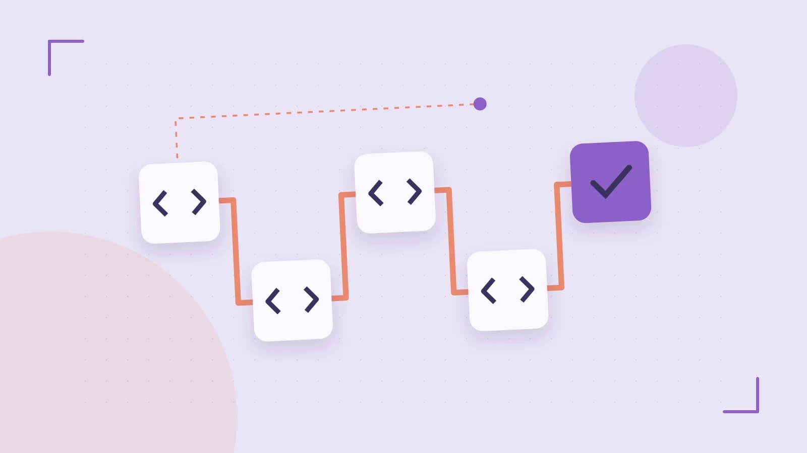 Editorial illustration of a branching build pipeline, staged transformations and a completed check