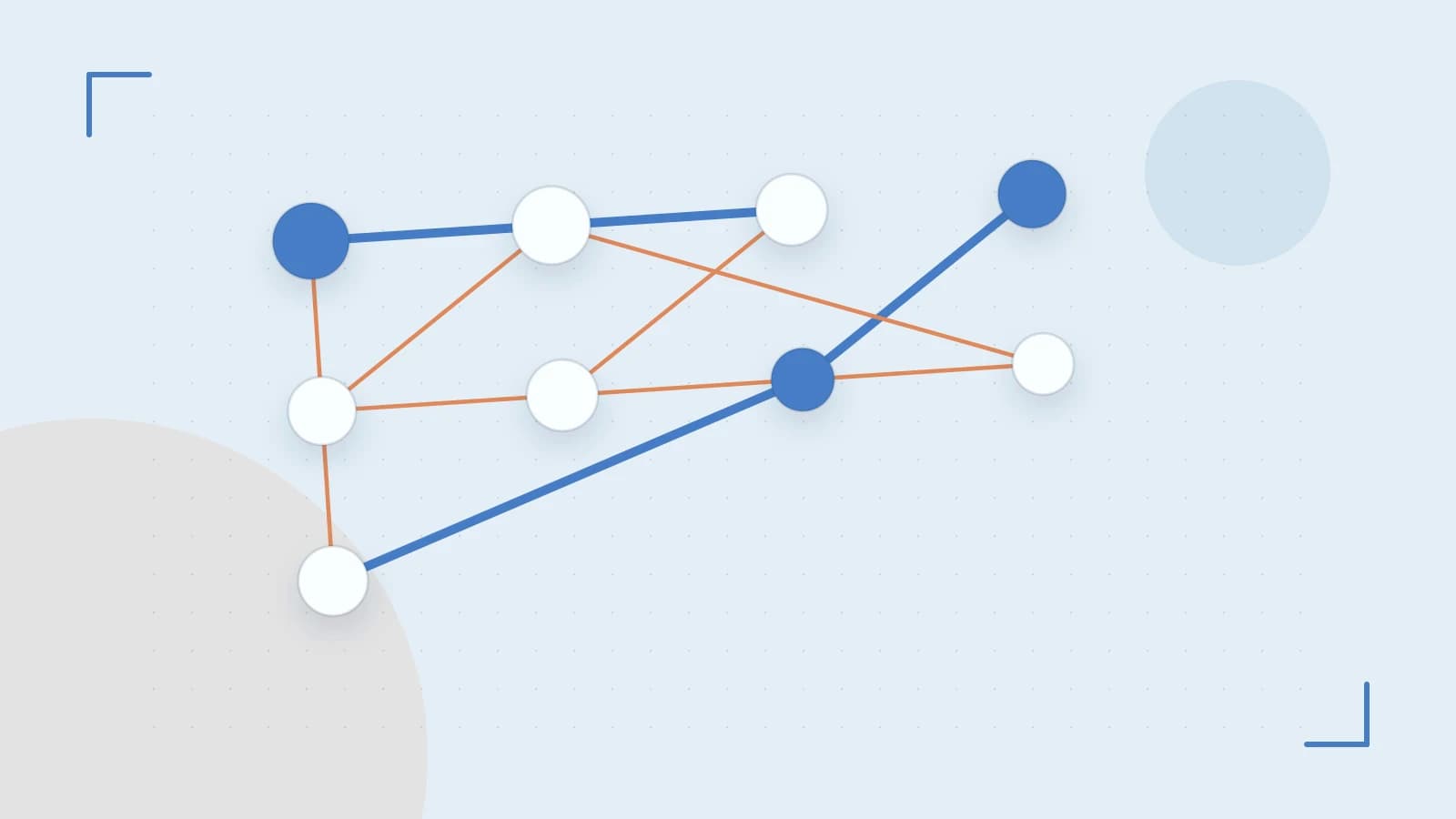 Editorial illustration of an algorithmic node graph with branching paths and a highlighted result