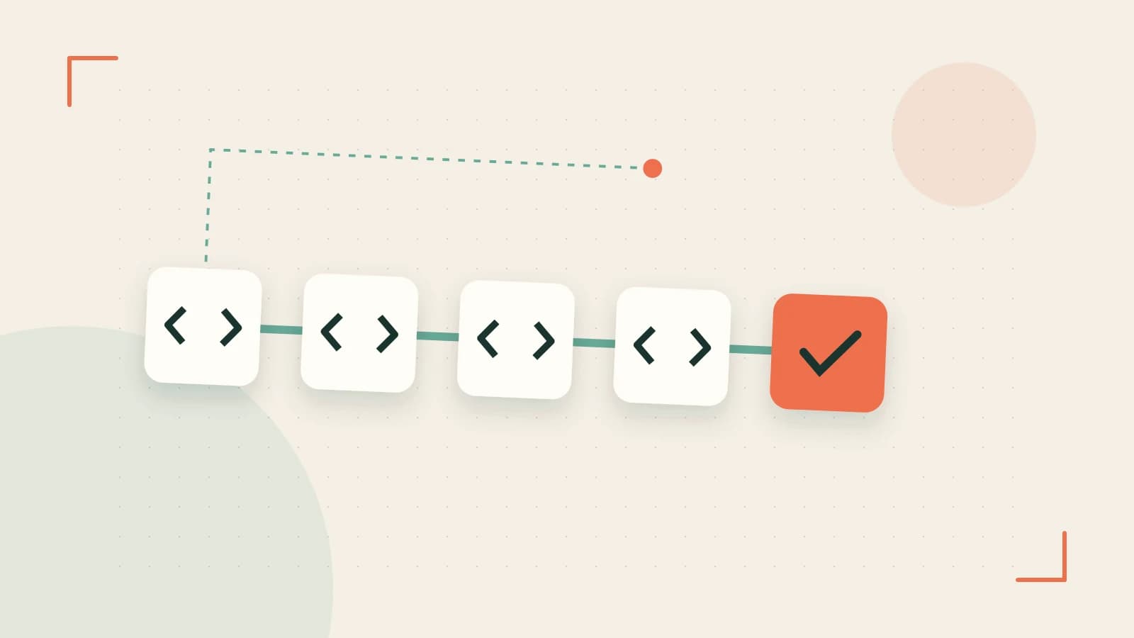 Editorial illustration of a branching build pipeline, staged transformations and a completed check