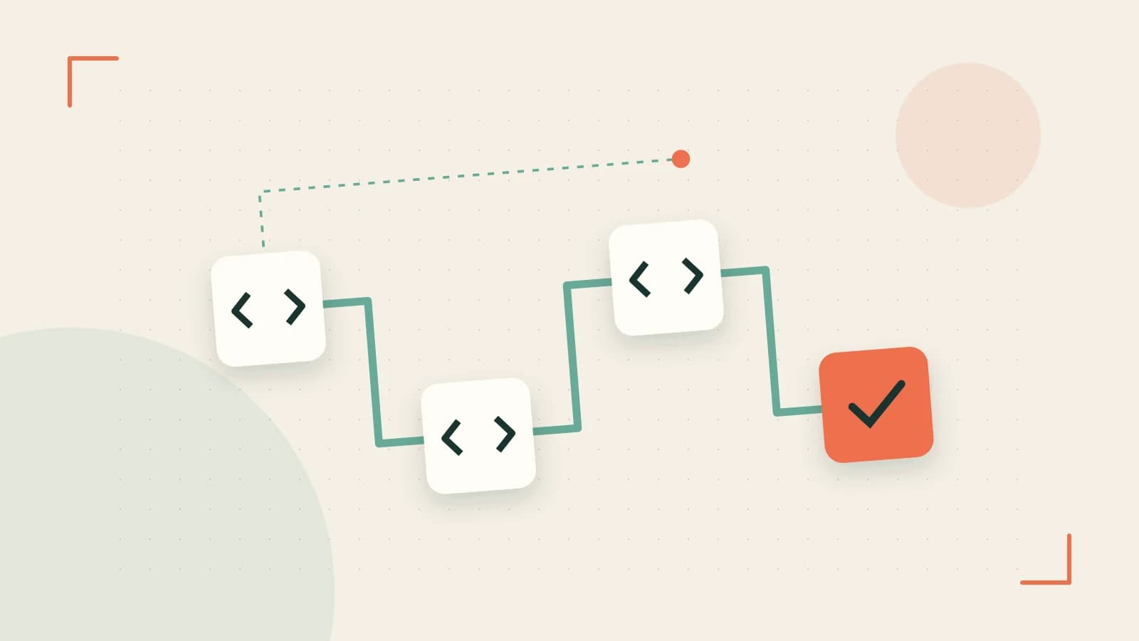 Editorial illustration of a branching build pipeline, staged transformations and a completed check