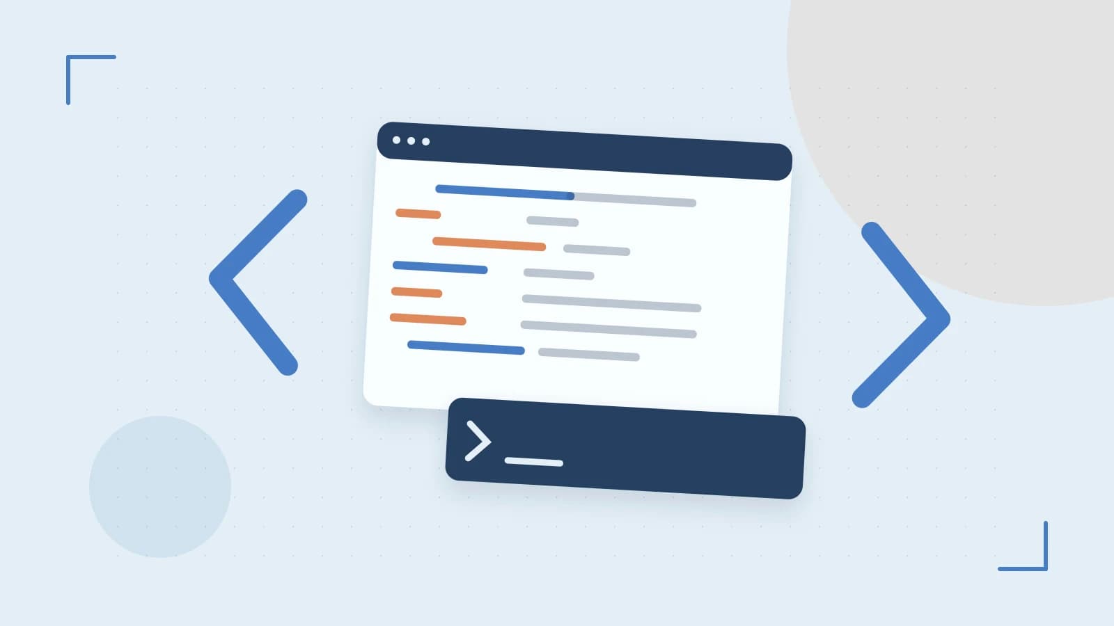 Editorial illustration of an abstract code editor, syntax blocks and oversized programming brackets