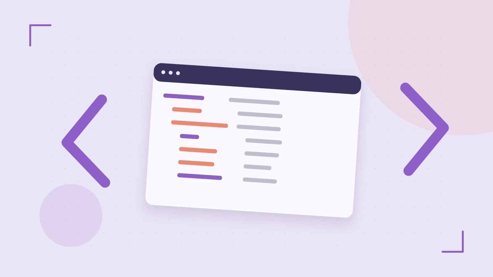 Editorial illustration of an abstract code editor, syntax blocks and oversized programming brackets