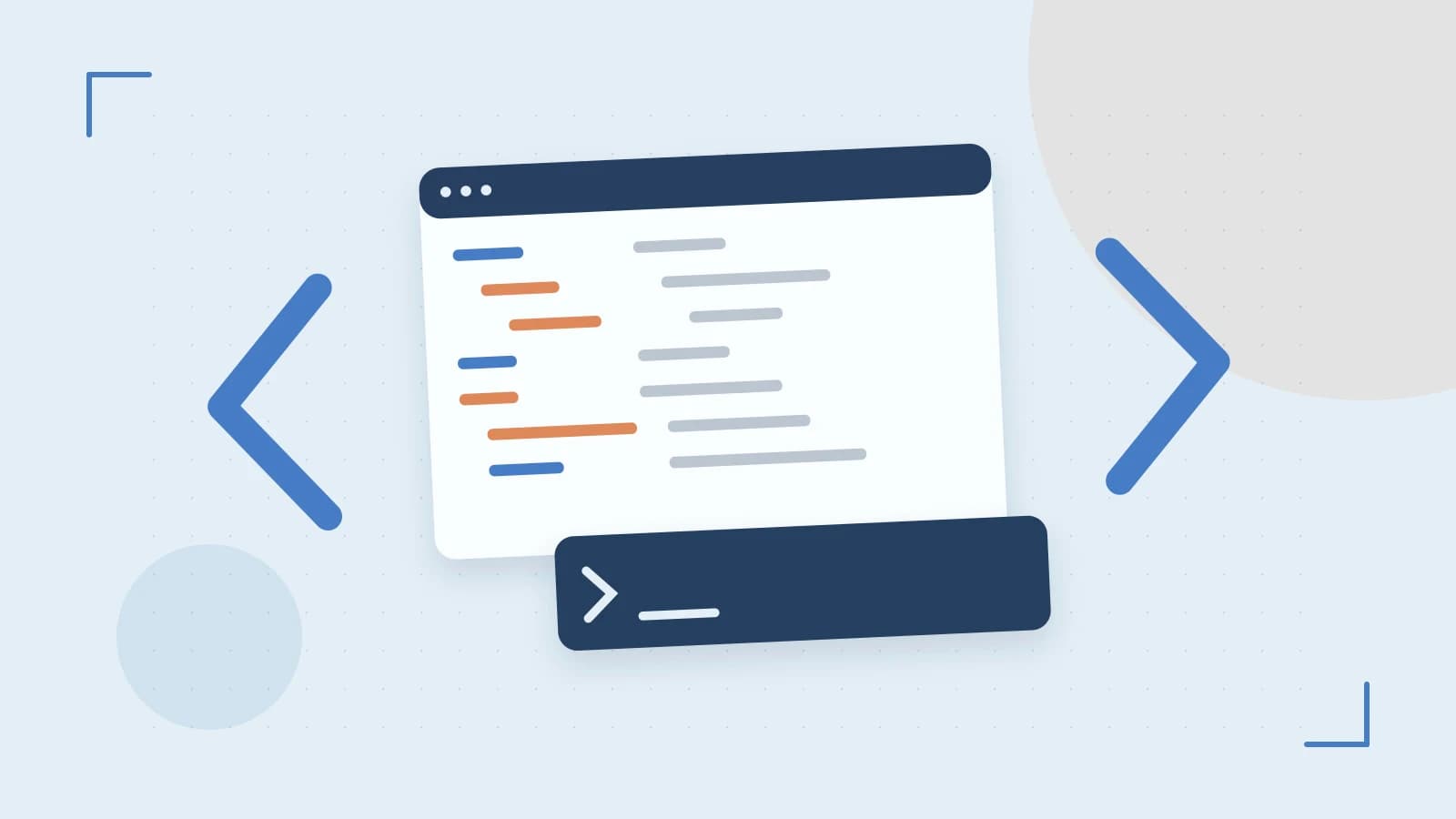 Editorial illustration of an abstract code editor, syntax blocks and oversized programming brackets