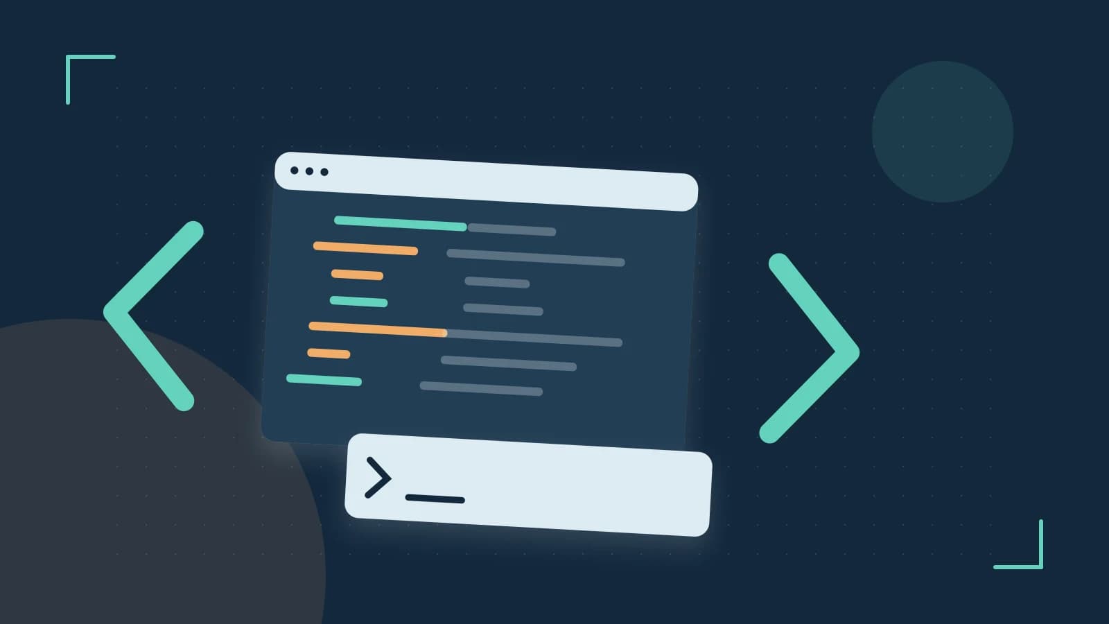 Editorial illustration of an abstract code editor, syntax blocks and oversized programming brackets