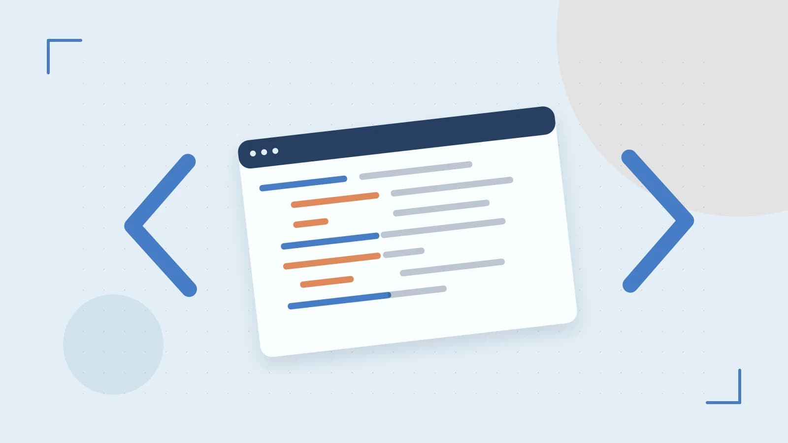 Editorial illustration of an abstract code editor, syntax blocks and oversized programming brackets