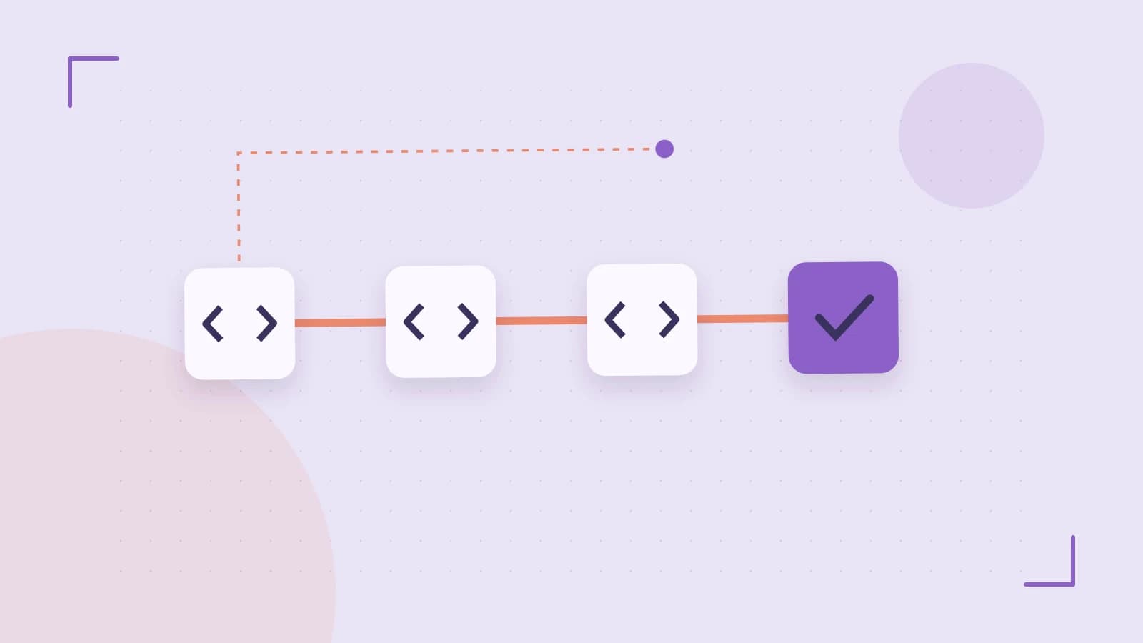 Editorial illustration of a branching build pipeline, staged transformations and a completed check