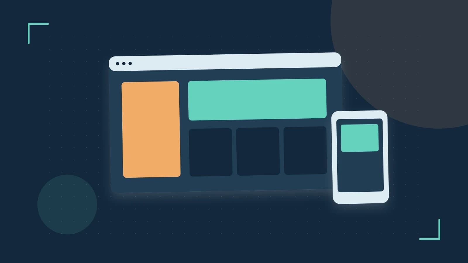 Editorial illustration of responsive browser layouts, overlapping design components and a color system