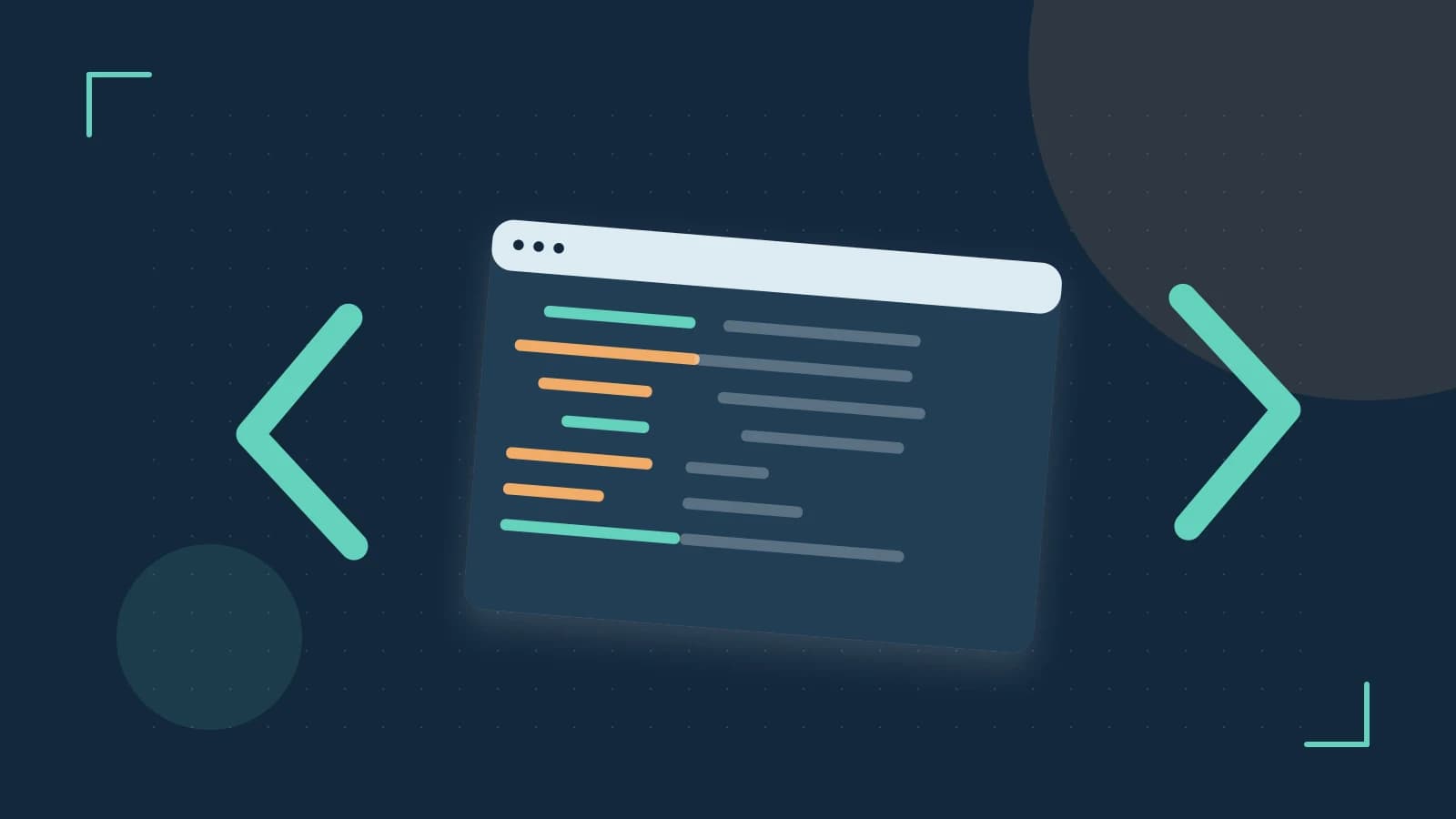 Editorial illustration of an abstract code editor, syntax blocks and oversized programming brackets
