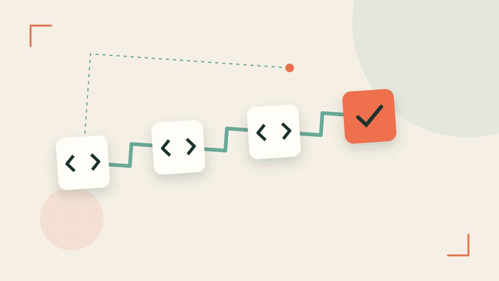Editorial illustration of a branching build pipeline, staged transformations and a completed check