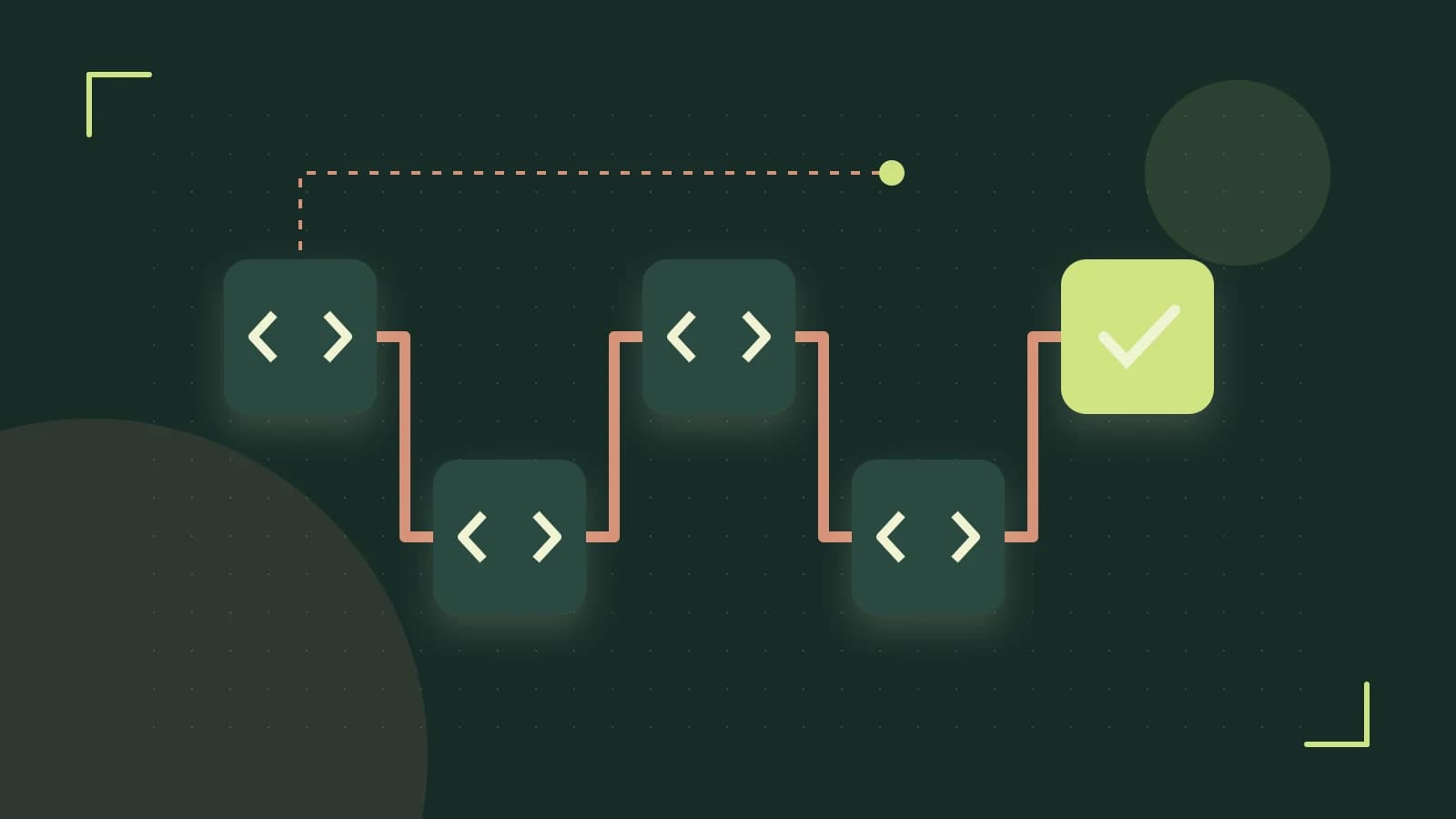 Editorial illustration of a branching build pipeline, staged transformations and a completed check