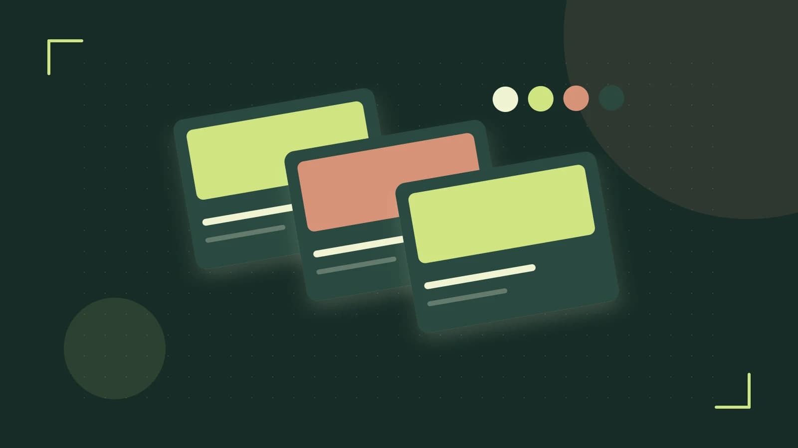 Editorial illustration of responsive browser layouts, overlapping design components and a color system