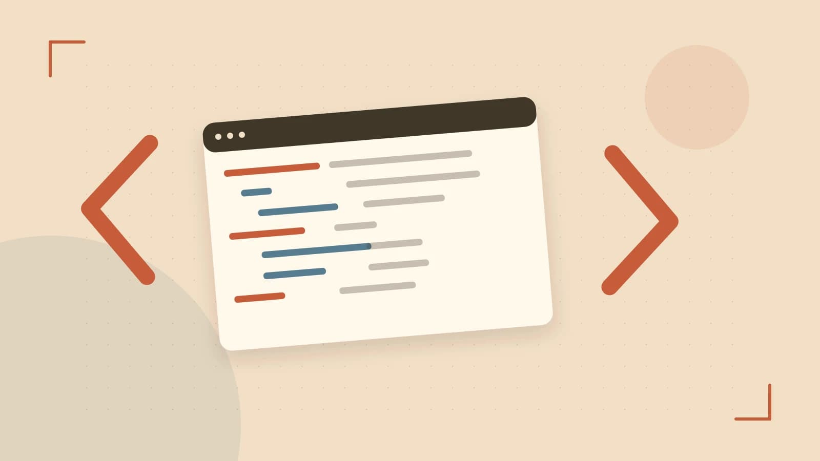 Editorial illustration of an abstract code editor, syntax blocks and oversized programming brackets