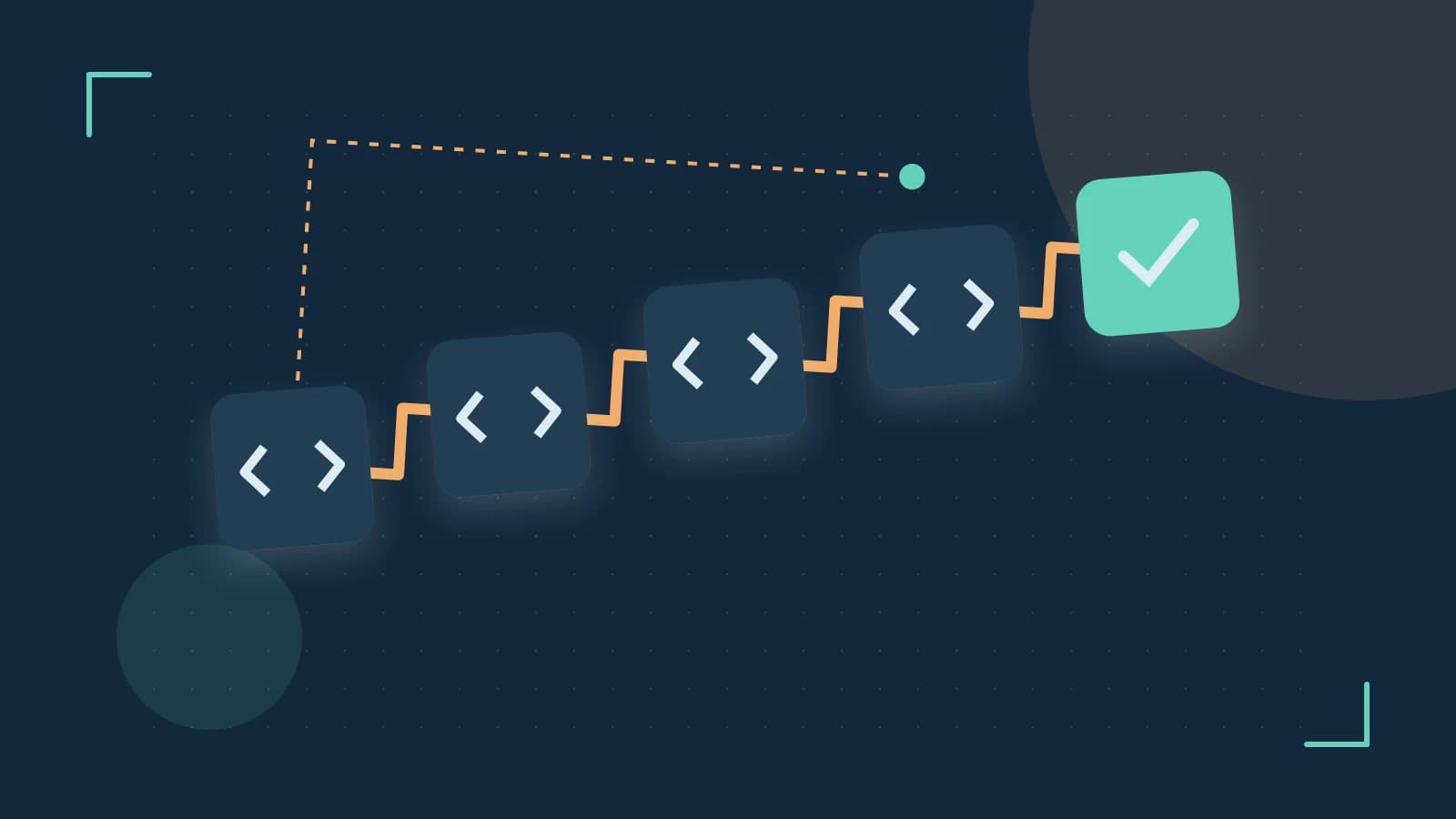 Editorial illustration of a branching build pipeline, staged transformations and a completed check