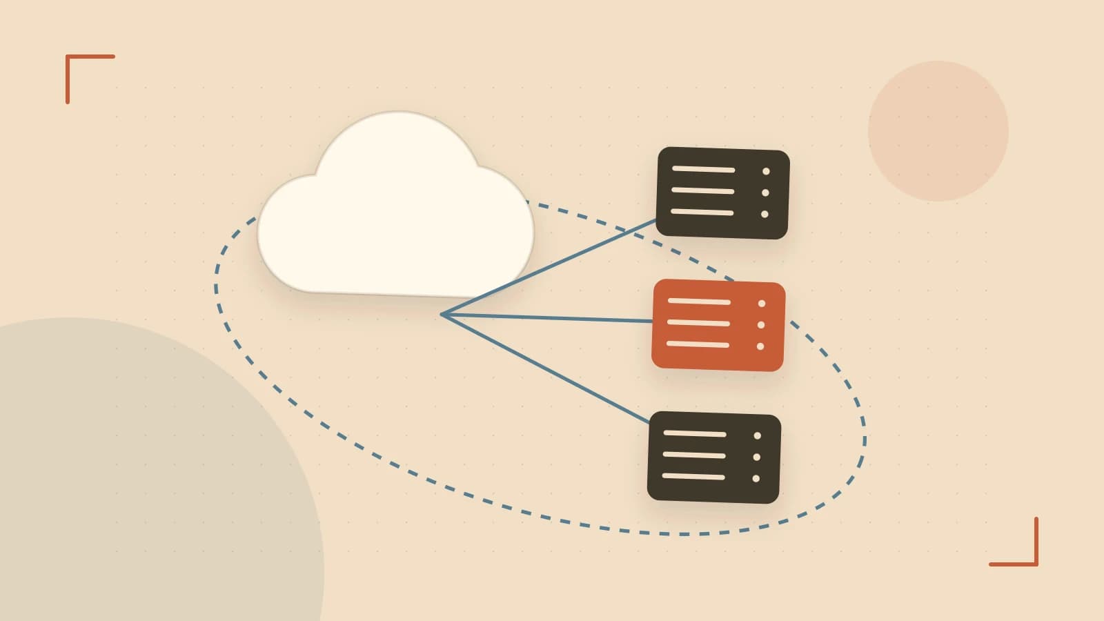 Editorial illustration of cloud infrastructure, connected server racks and an orbital service map