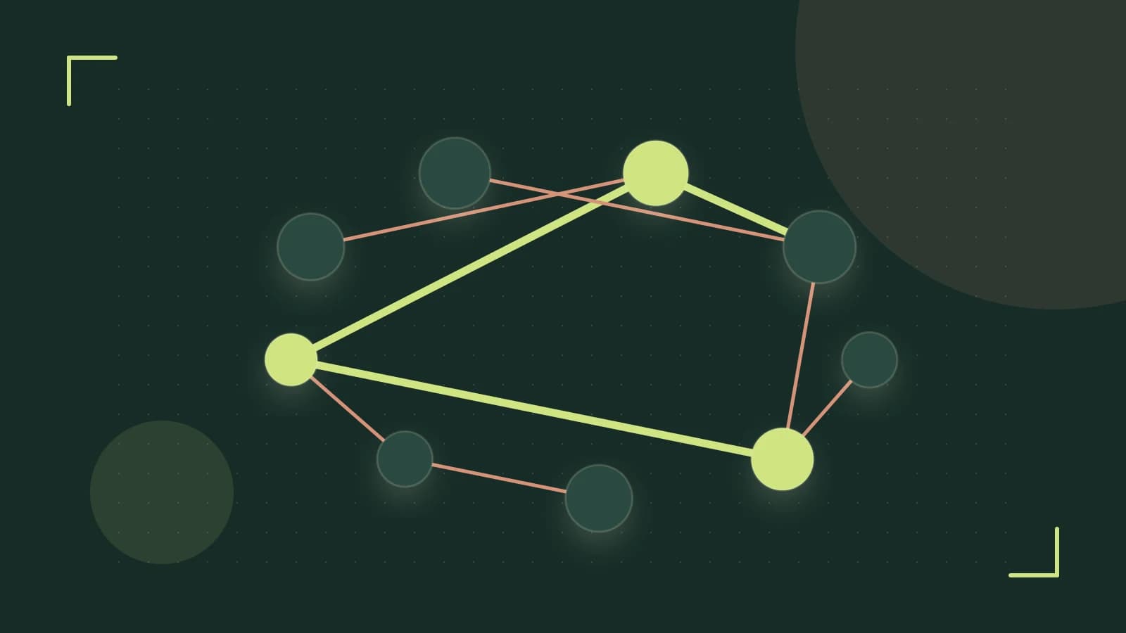 Editorial illustration of an algorithmic node graph with branching paths and a highlighted result