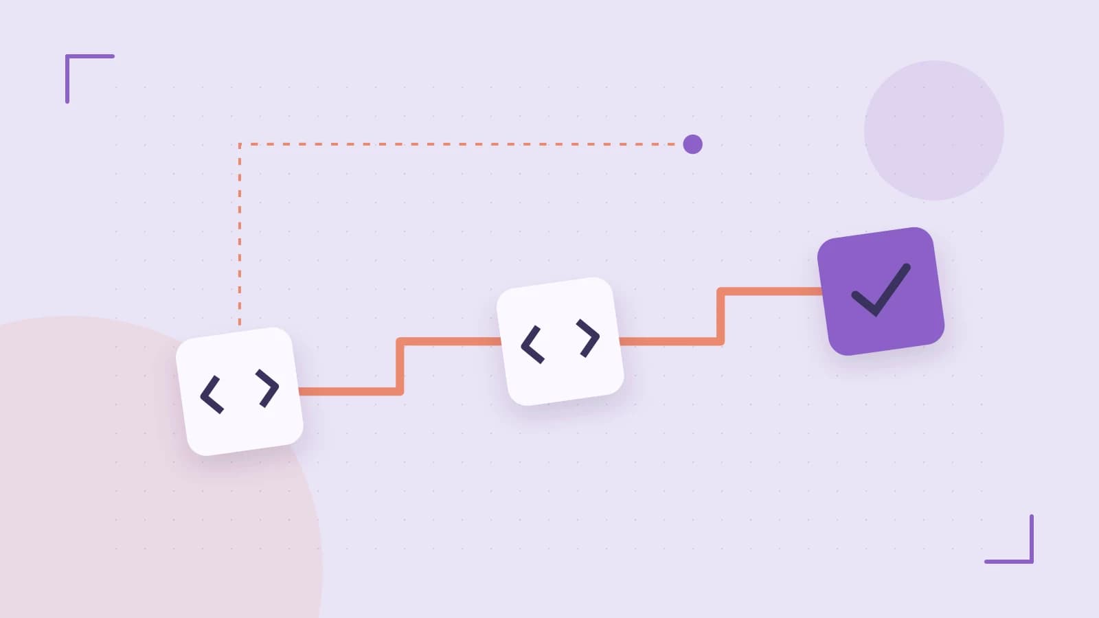Editorial illustration of a branching build pipeline, staged transformations and a completed check